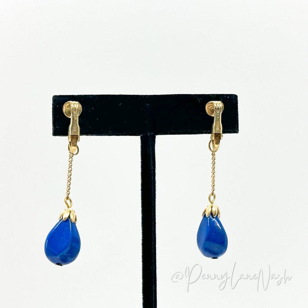 Vintage Bright Bue Dangle Beads Drop Earrings - Picture 7 of 7